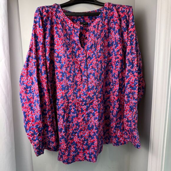 Talbots Woman 3X Floral Smocked Blouse Ruffle Cuff Cotton Blend Red Blue Pink - Picture 1 of 9